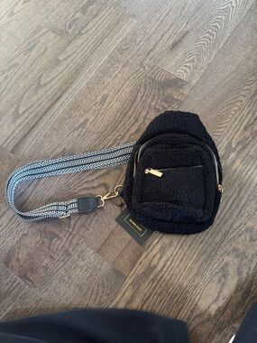 Black Sherpa Mini Crossbody with Contrast Strap